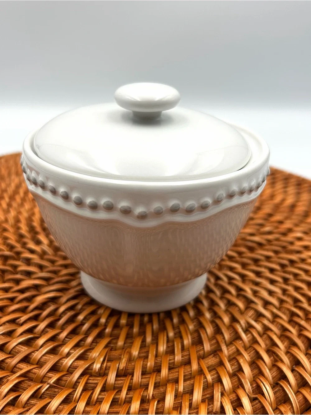 Pottery Barn Emma White Beaded Sugar Bowl Ceramic Rustic Farmhouse With Lid